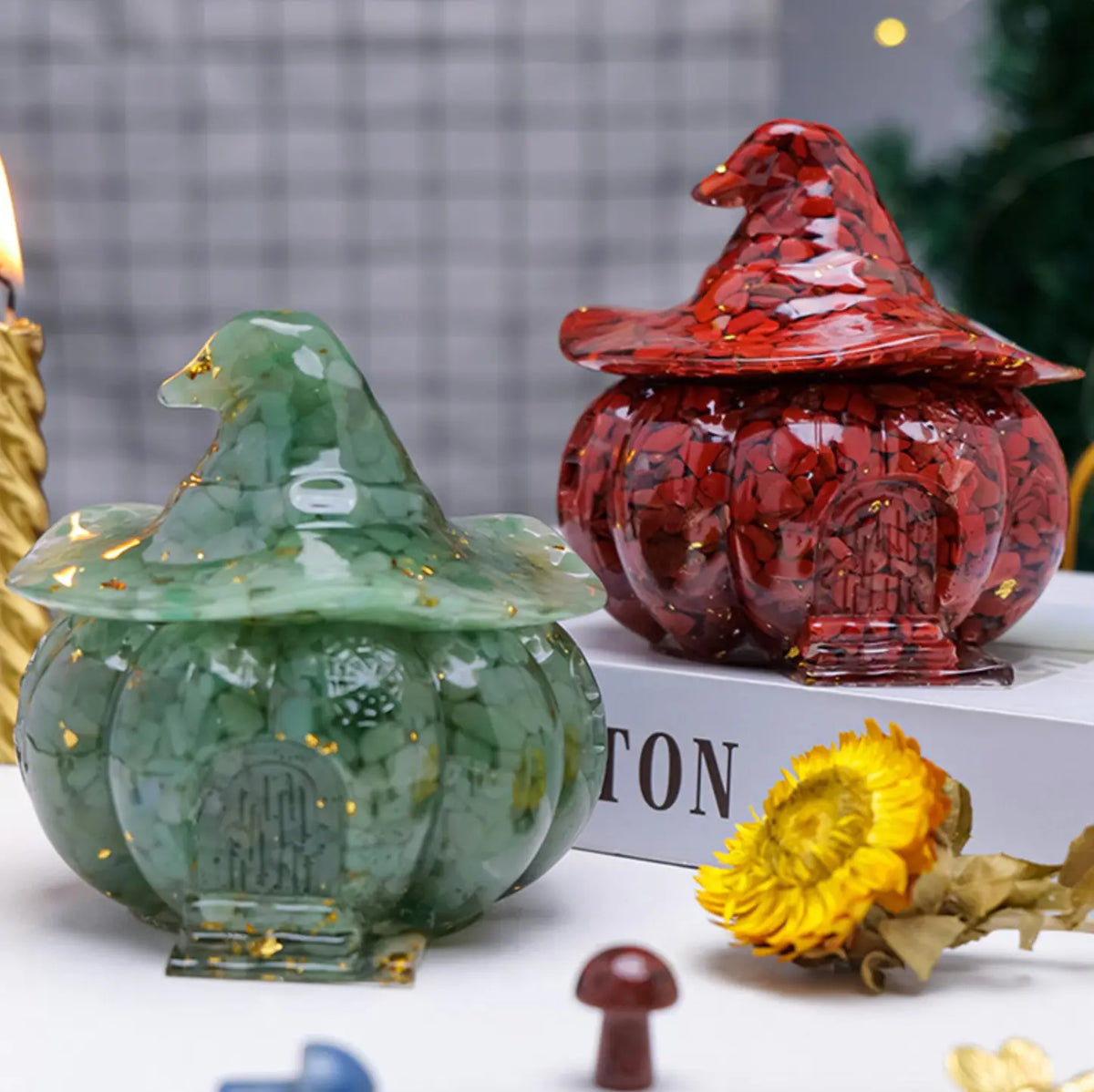 Witch Pumpkin House Natural Crystal Chip Resin Storage Box Candy Jar Shinepurity