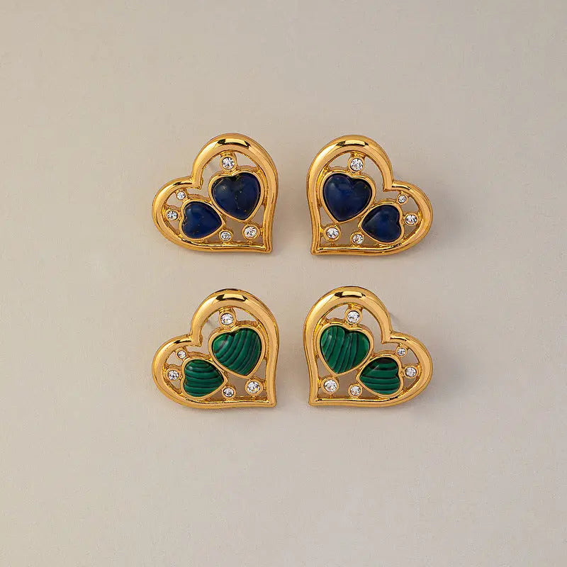 Heart Inlaid Malachite and Lapis Lazuli High-End Elegant Ear Studs Shinepurity