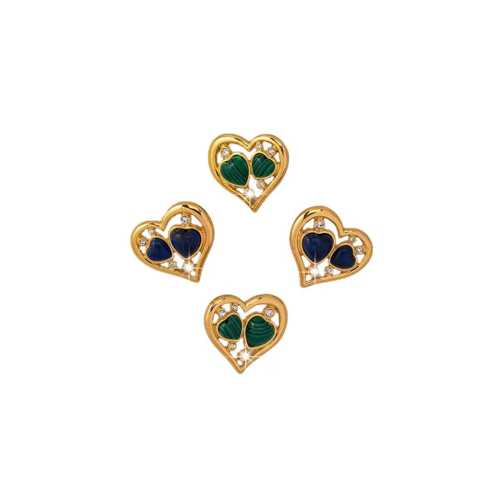 Heart Inlaid Malachite and Lapis Lazuli High-End Elegant Ear Studs Shinepurity