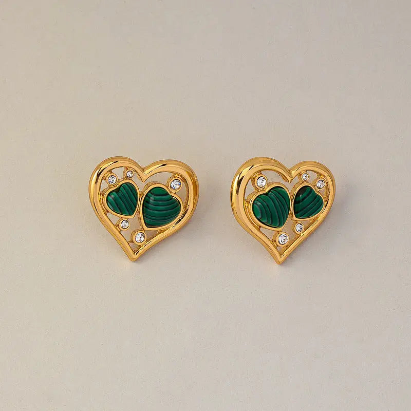 Heart Inlaid Malachite and Lapis Lazuli High-End Elegant Ear Studs Shinepurity