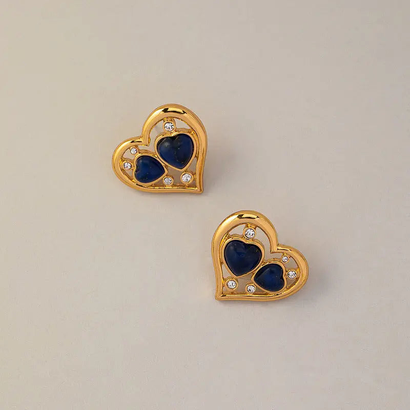 Heart Inlaid Malachite and Lapis Lazuli High-End Elegant Ear Studs Shinepurity