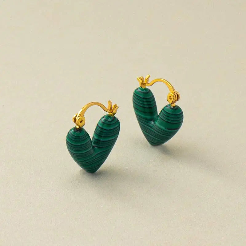 High-End Luxe Heart-Shaped Malachite Ear Clip Earrings - Shinepurity