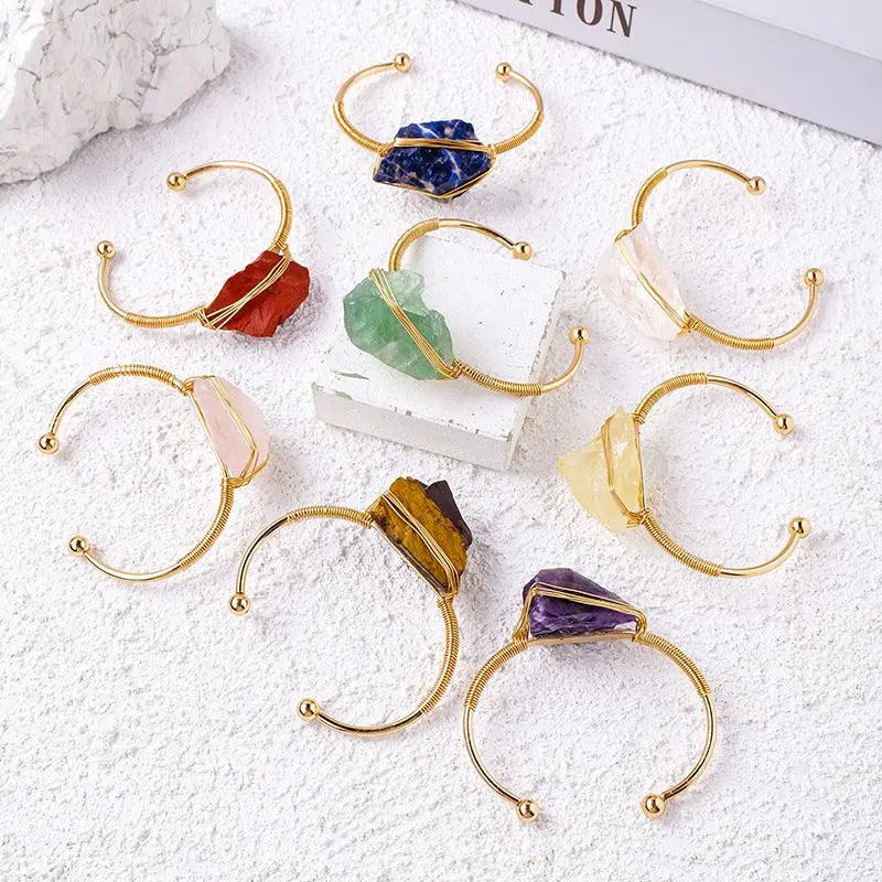 Irregular Crystal Raw Stone Wire-Wrapped Open Bangle - Shinepurity