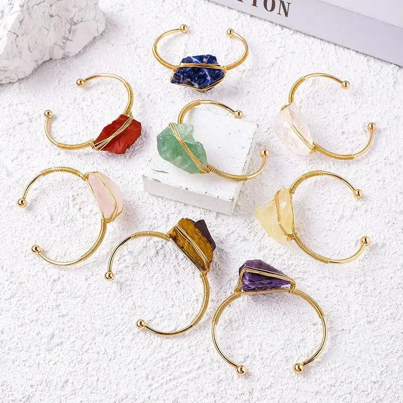 Irregular Crystal Raw Stone Wire-Wrapped Open Bangle - Shinepurity