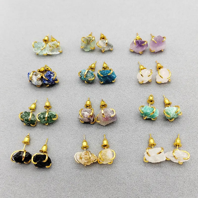 Irregular Natural Crystal Raw Stone Four-Prong Ear Studs Shinepurity