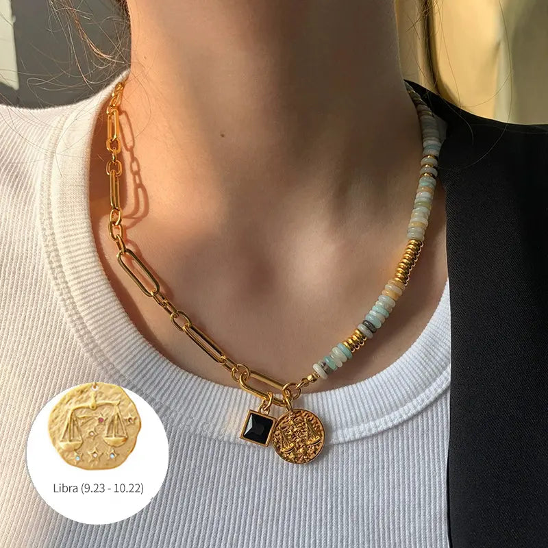 12 Zodiac Natural Stone Asymmetrical Design Luxe Necklace Shinepurity