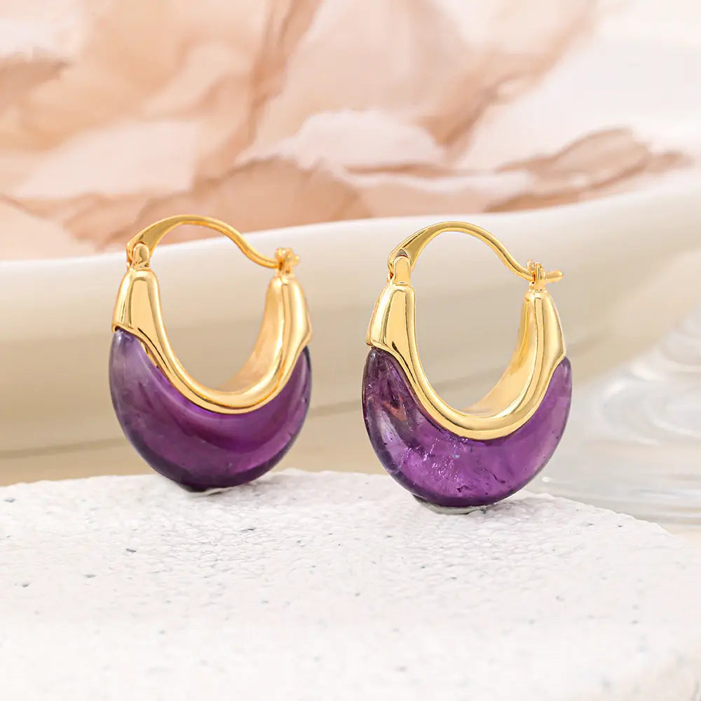 Natural Amethyst Elegant U-Shaped Gold-Plated Copper Earrings Shinepurity