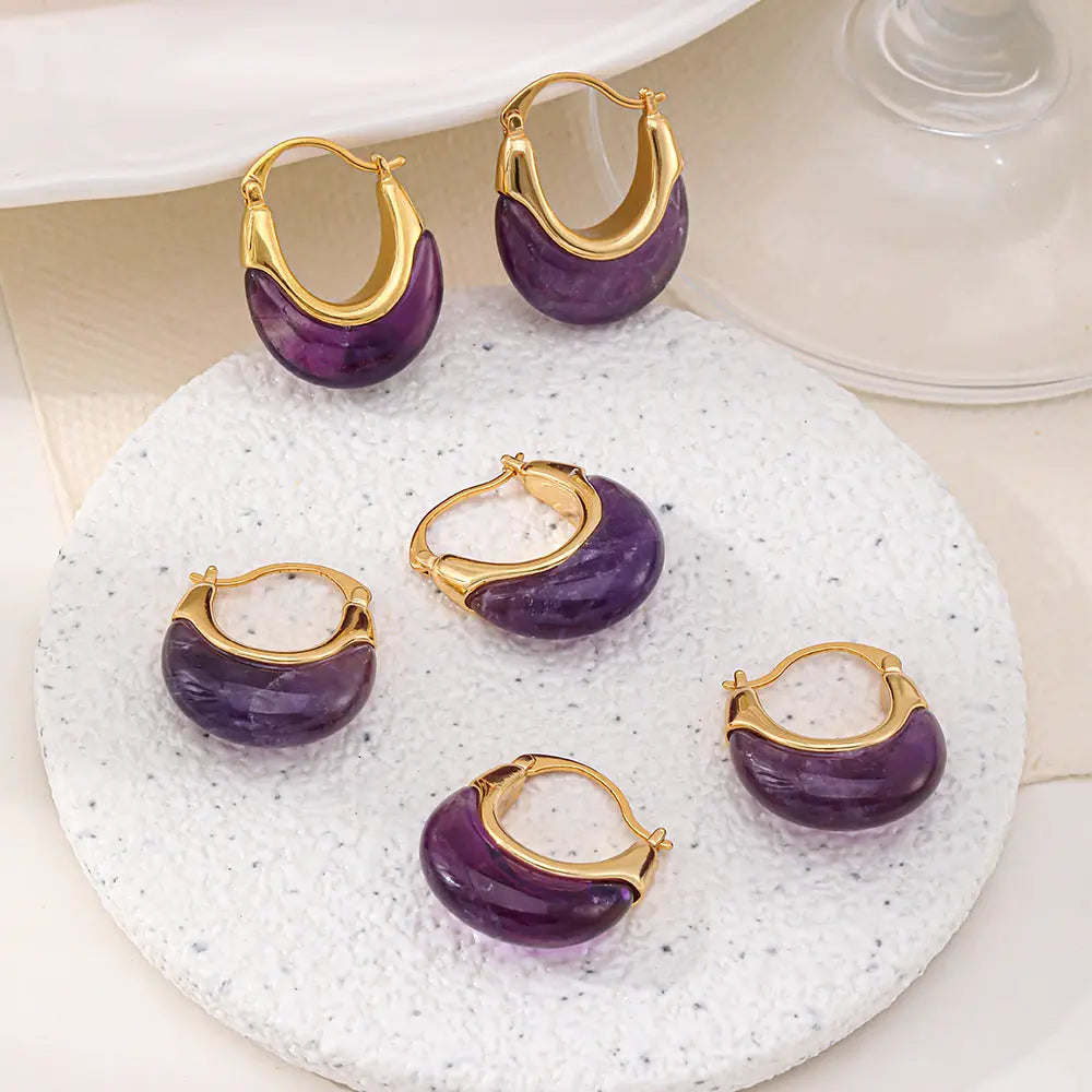 Natural Amethyst Elegant U-Shaped Gold-Plated Copper Earrings Shinepurity