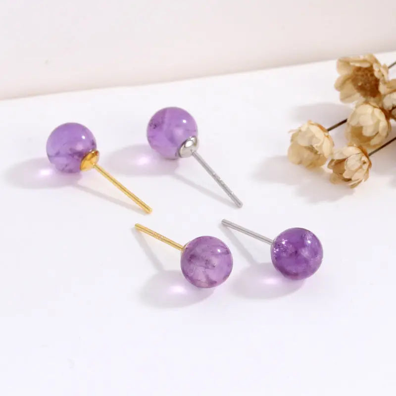Natural Amethyst Round Bead S925 Silver Stud Earrings Shinepurity