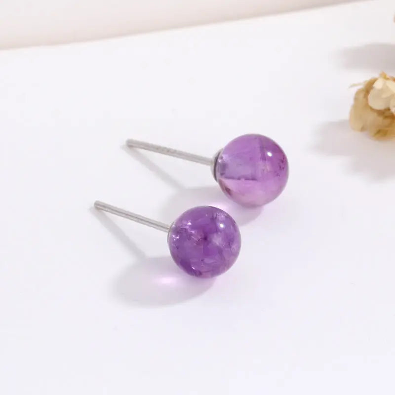 Natural Amethyst Round Bead S925 Silver Stud Earrings Shinepurity