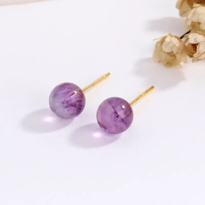 Natural Amethyst Round Bead S925 Silver Stud Earrings Shinepurity