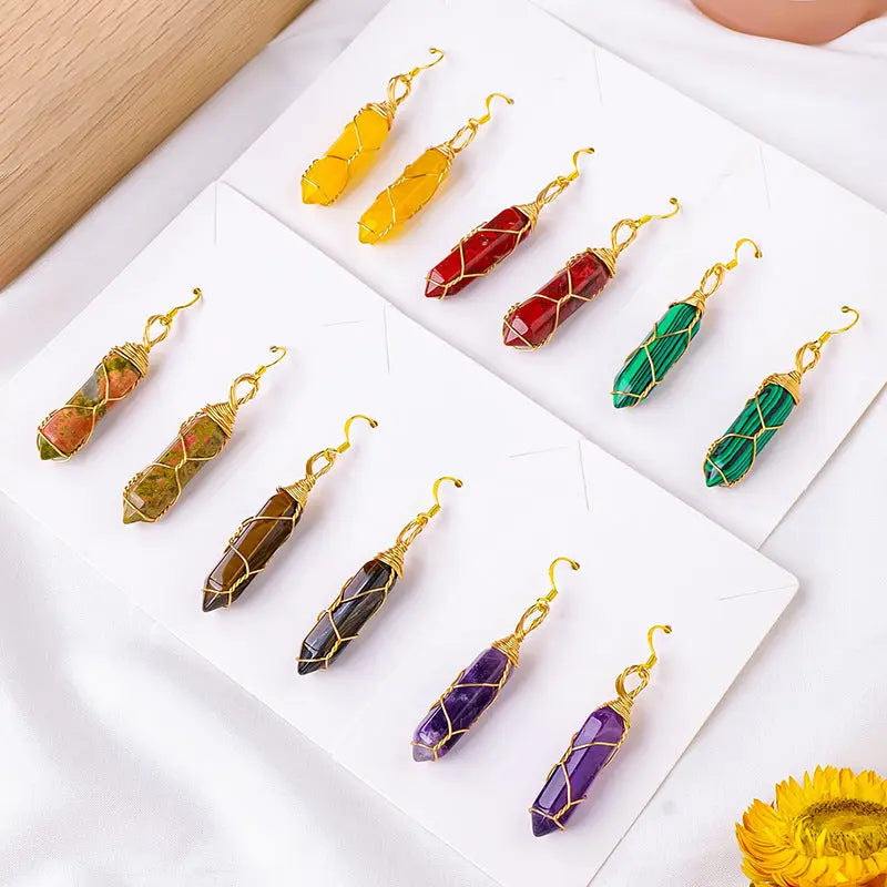 Natural Crystal Double-Terminated Hexagonal Column Wire-Wrapped Earrings Shinepurity