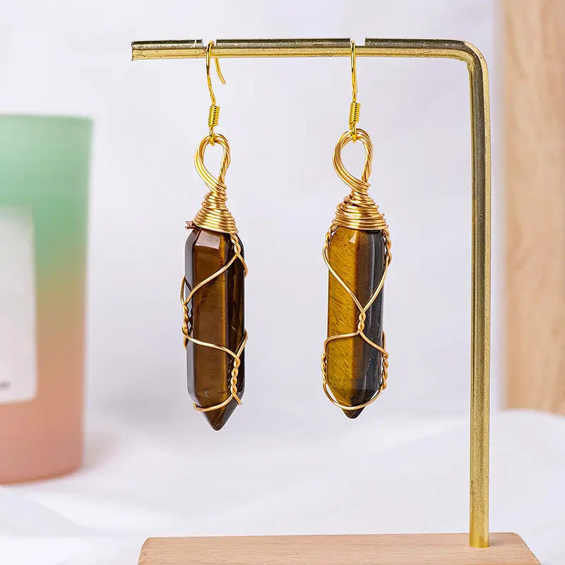 Natural Crystal Double-Terminated Hexagonal Column Wire-Wrapped Earrings Shinepurity
