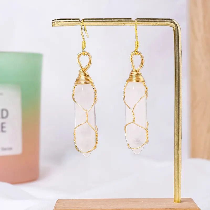 Natural Crystal Double-Terminated Hexagonal Column Wire-Wrapped Earrings Shinepurity