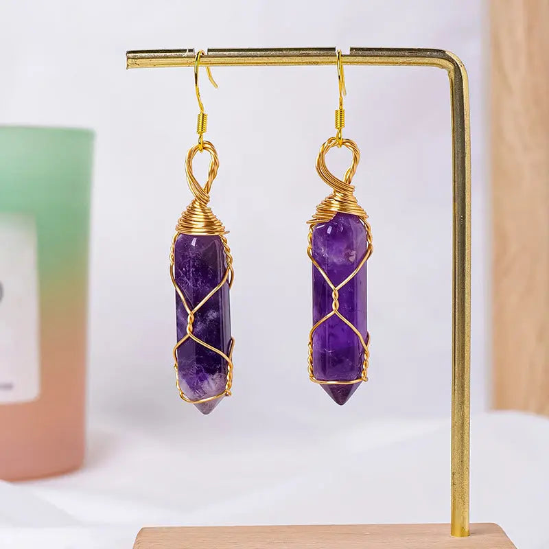 Natural Crystal Double-Terminated Hexagonal Column Wire-Wrapped Earrings Shinepurity