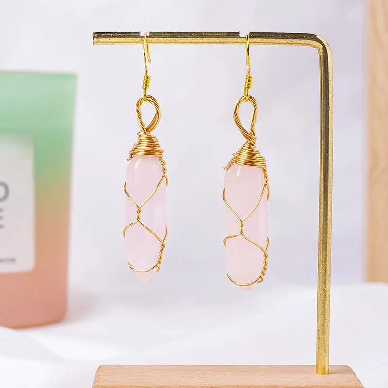 Natural Crystal Double-Terminated Hexagonal Column Wire-Wrapped Earrings Shinepurity