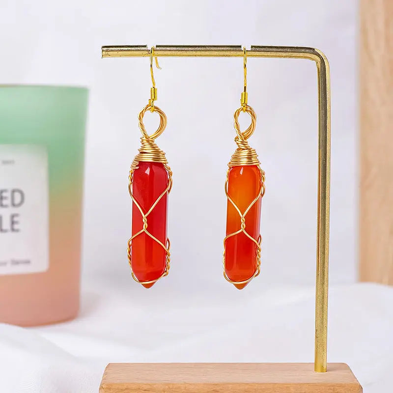 Natural Crystal Double-Terminated Hexagonal Column Wire-Wrapped Earrings Shinepurity