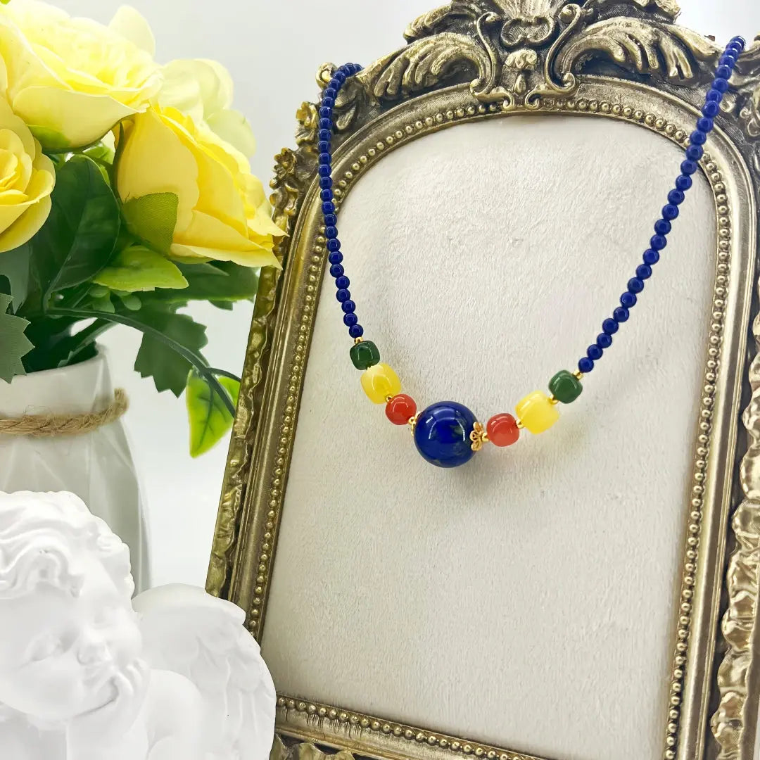 Natural Old Mine Lapis Lazuli 925 Silver Minimalist Beaded Necklace Shinepurity