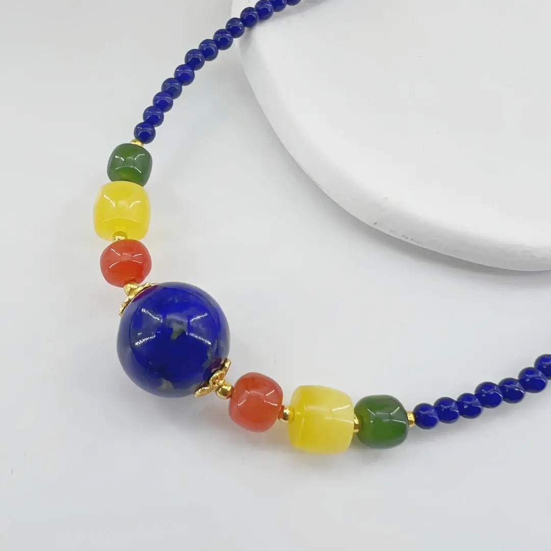 Natural Old Mine Lapis Lazuli 925 Silver Minimalist Beaded Necklace Shinepurity