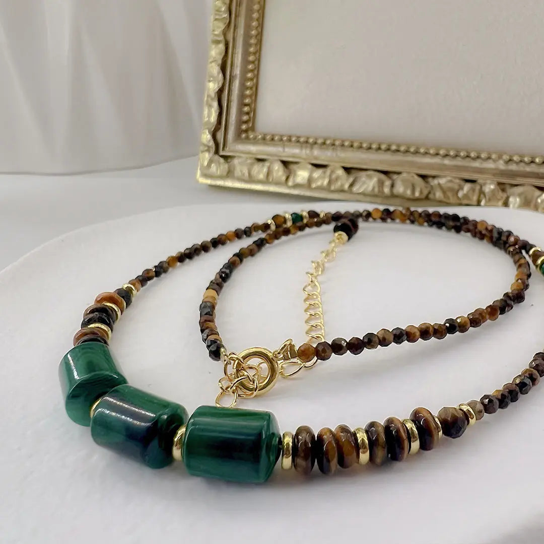 Natural Tiger's Eye and Malachite Short Necklace with a Unique Spiritual Style Shinepurity
