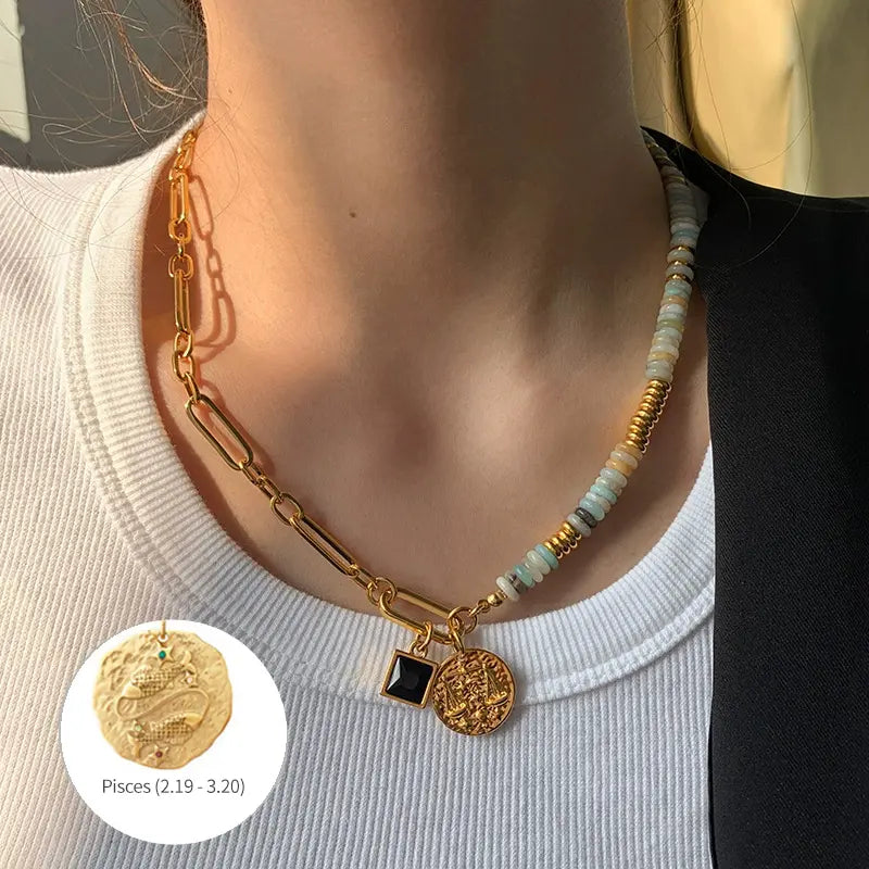 12 Zodiac Natural Stone Asymmetrical Design Luxe Necklace Shinepurity