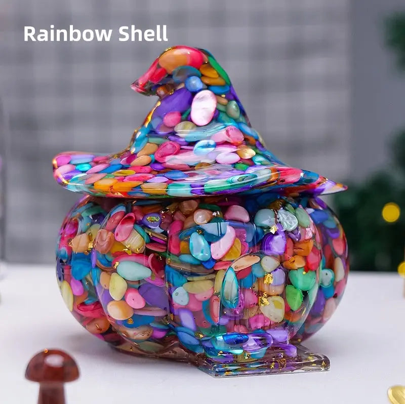 Witch Pumpkin House Natural Crystal Chip Resin Storage Box Candy Jar Shinepurity