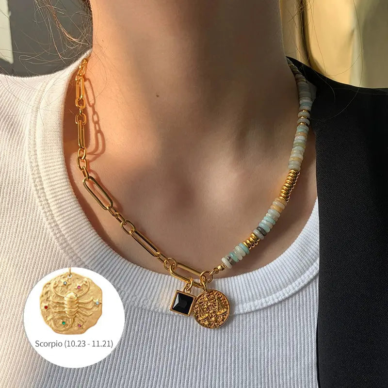 12 Zodiac Natural Stone Asymmetrical Design Luxe Necklace Shinepurity