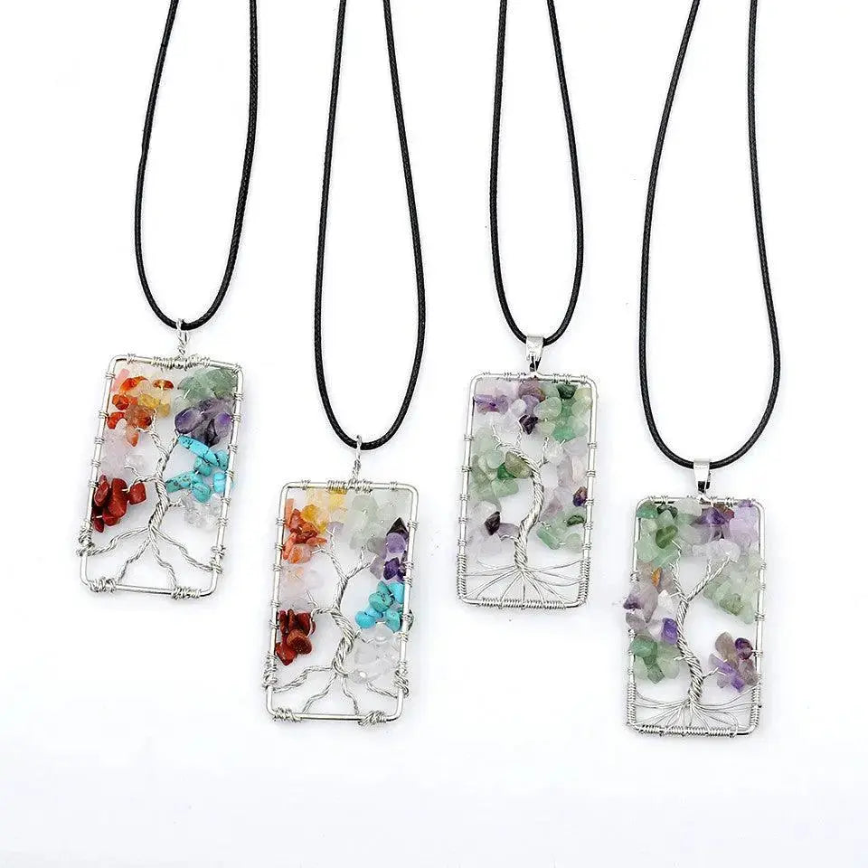 Four Seven-Color Gravel Rectangular Tree of Life Pendants on leather cords, showcasing vibrant crushed stones and wire craftsmanship.