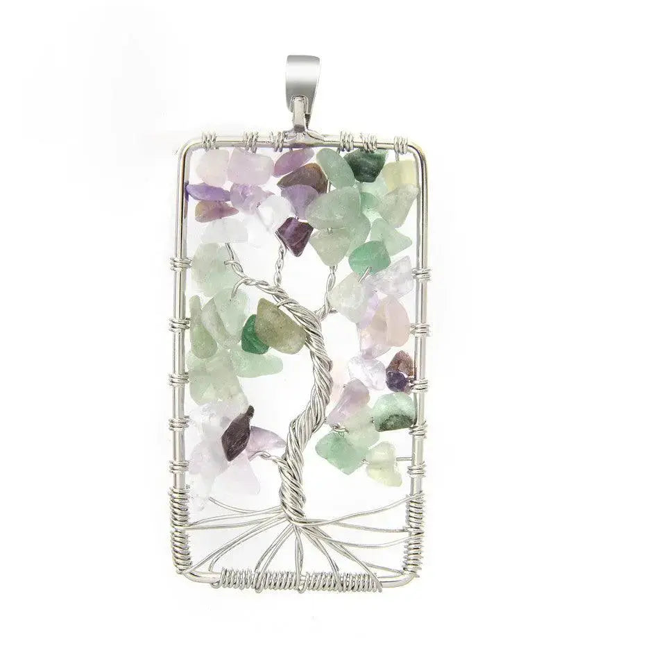 Seven-color Tree of Life pendant necklace with multicolor gravel and wire wrapping, symbolizing vitality.