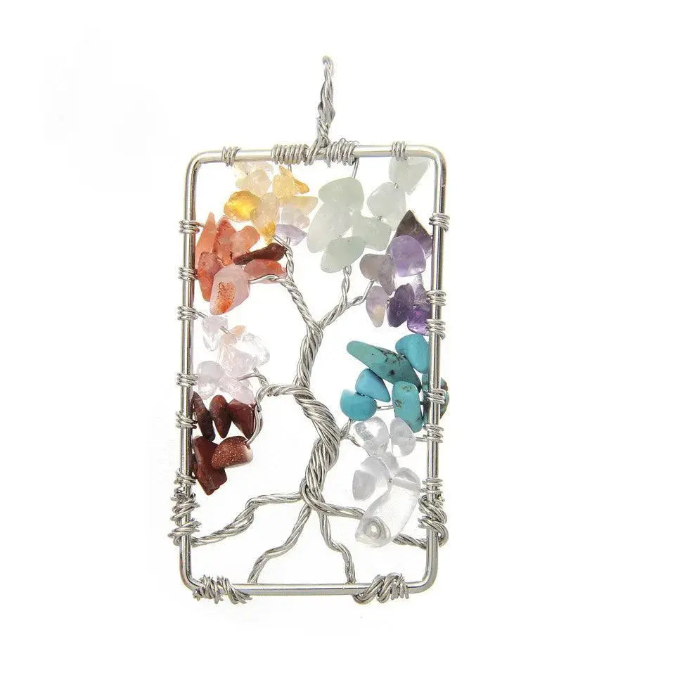 Seven-color gravel Tree of Life pendant necklace with metal wire wrapping and leather cord, symbolizing vitality.