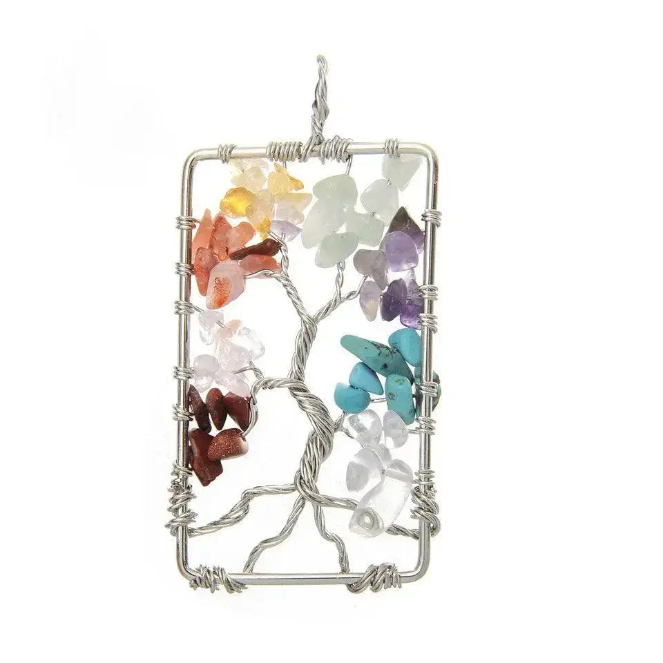 Seven-color gravel Tree of Life pendant necklace with metal wire wrapping and leather cord, symbolizing vitality.