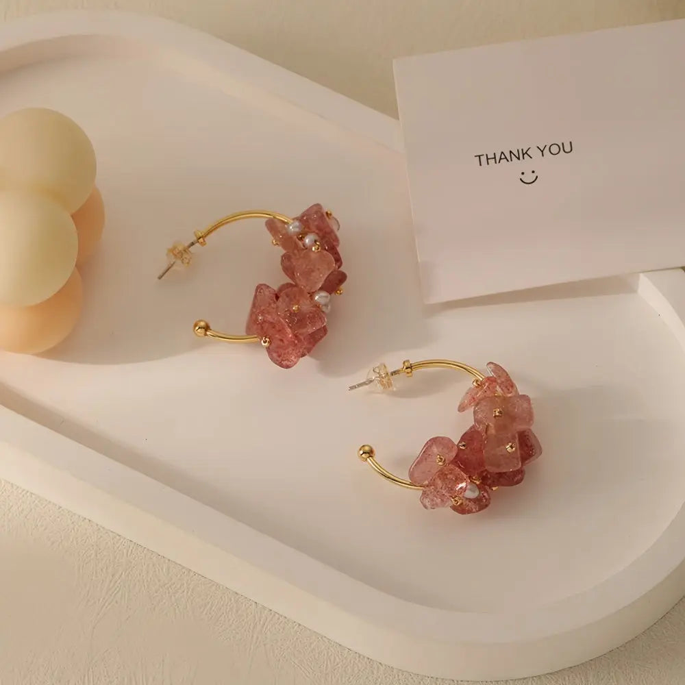 Summer Sweetness Handcrafted Strawberry Quartz and Freshwater Pearl C-Shaped Earrings Shinepurity