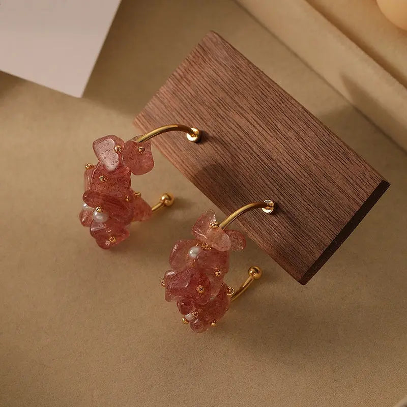 Summer Sweetness Handcrafted Strawberry Quartz and Freshwater Pearl C-Shaped Earrings Shinepurity
