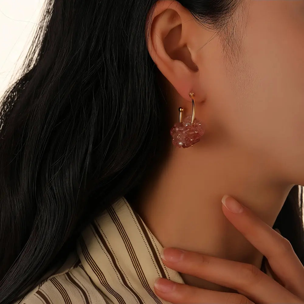 Summer Sweetness Handcrafted Strawberry Quartz and Freshwater Pearl C-Shaped Earrings Shinepurity