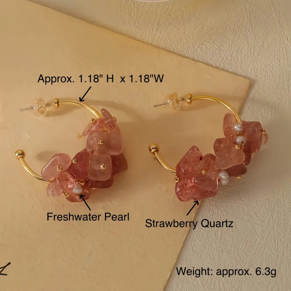 Summer Sweetness Handcrafted Strawberry Quartz and Freshwater Pearl C-Shaped Earrings Shinepurity