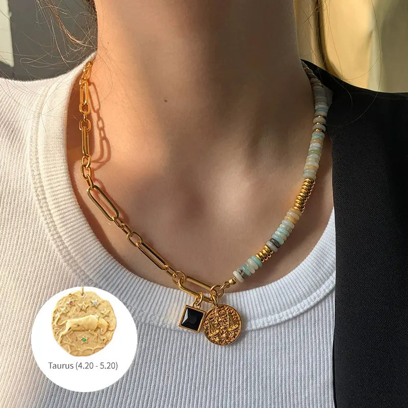12 Zodiac Natural Stone Asymmetrical Design Luxe Necklace Shinepurity