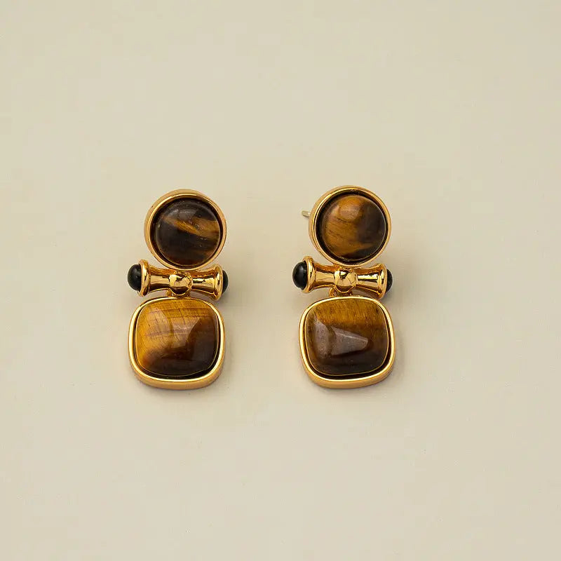 Vintage Luxe Double Inlaid Natural Tiger's Eye Earrings Shinepurity