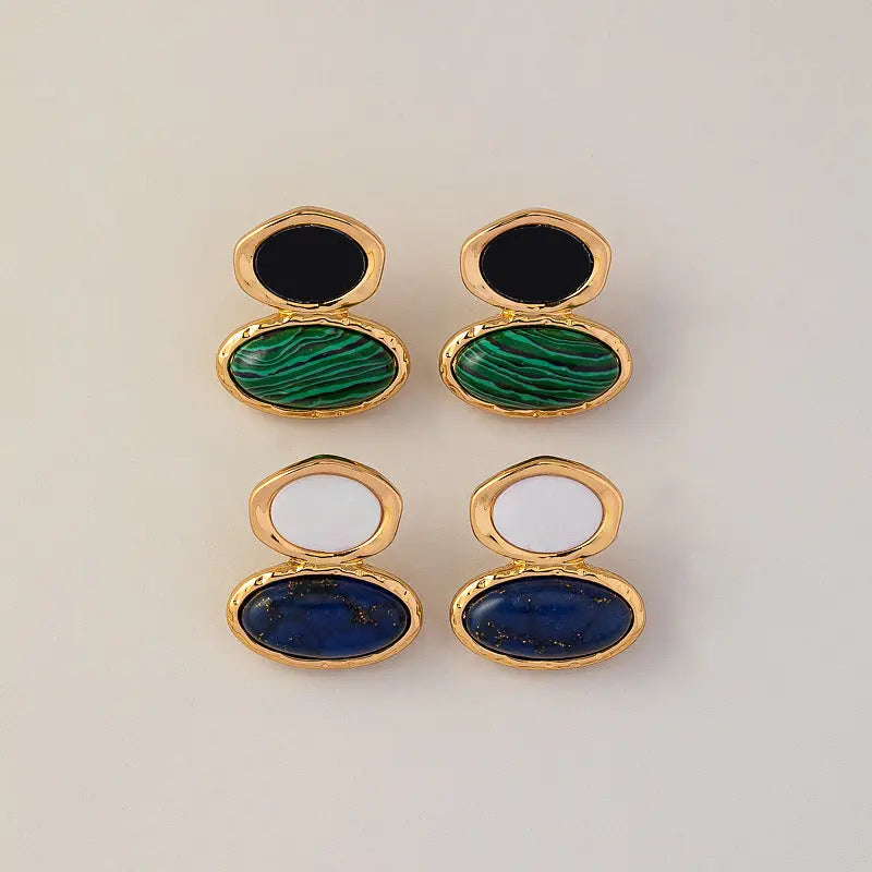 Vintage Minimalist Irregular Malachite and Lapis Lazuli Ear Studs Shinepurity