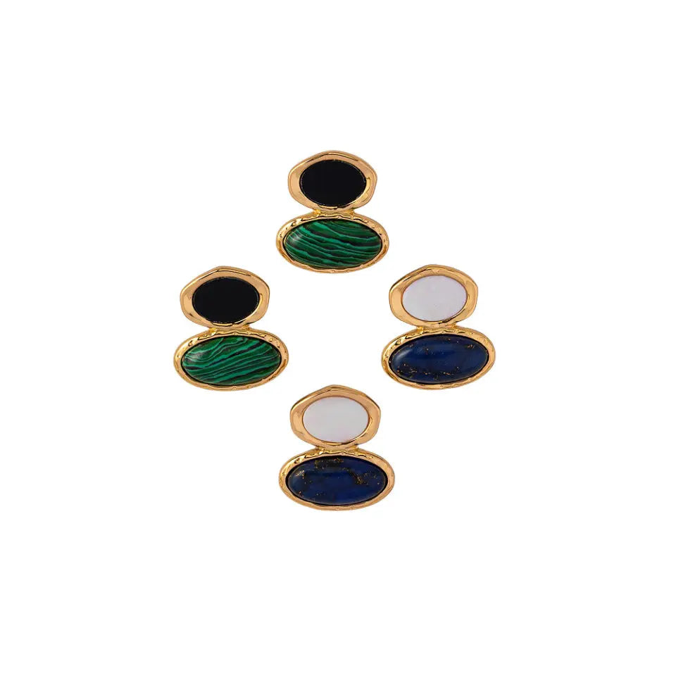Vintage Minimalist Irregular Malachite and Lapis Lazuli Ear Studs Shinepurity