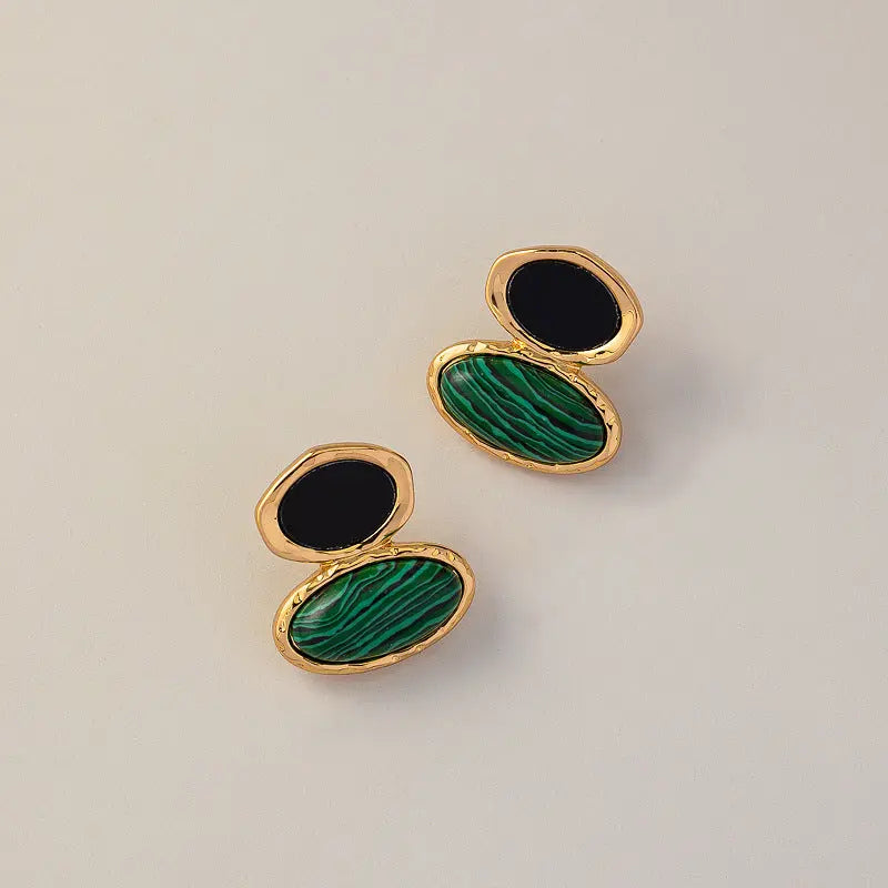 Vintage Minimalist Irregular Malachite and Lapis Lazuli Ear Studs Shinepurity