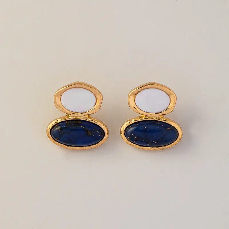Vintage Minimalist Irregular Malachite and Lapis Lazuli Ear Studs Shinepurity