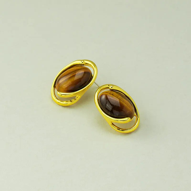 Vintage Minimalist Oval Inlaid Natural Tiger's Eye Ear Studs Shinepurity