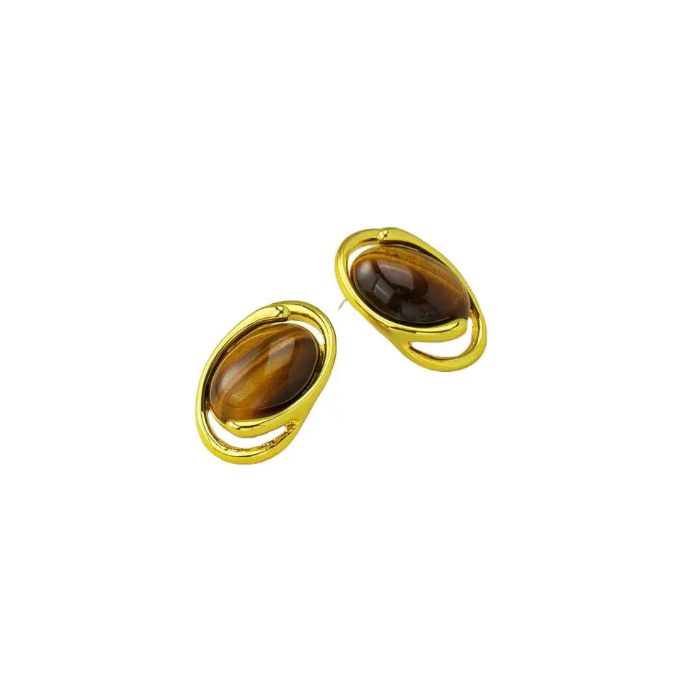 Vintage Minimalist Oval Inlaid Natural Tiger's Eye Ear Studs Shinepurity