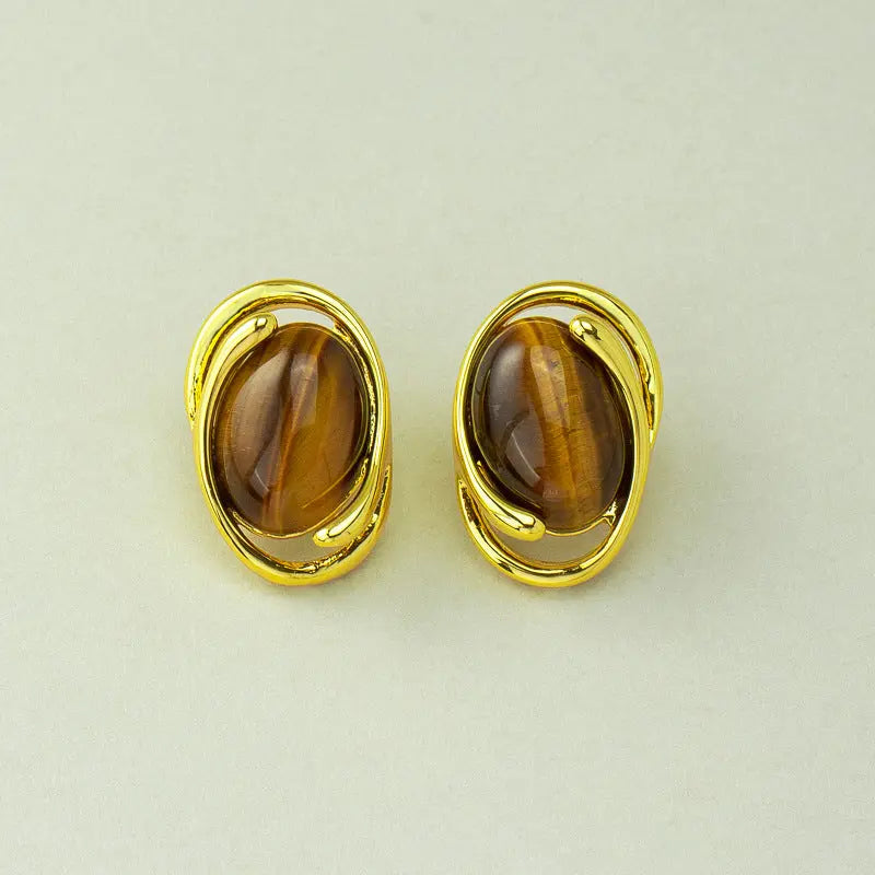 Vintage Minimalist Oval Inlaid Natural Tiger's Eye Ear Studs Shinepurity
