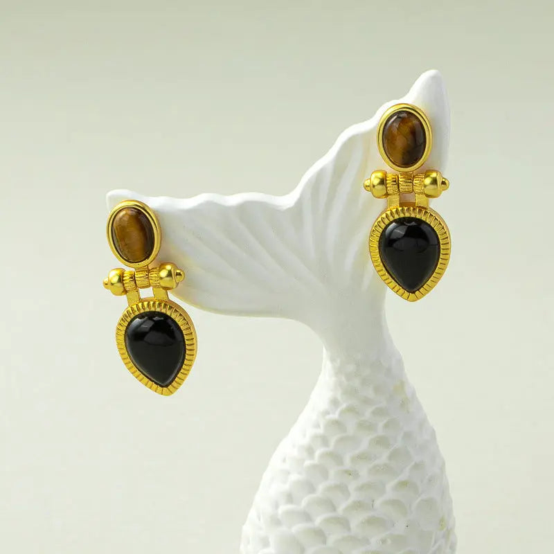 Vintage Natural Tiger's Eye and Black Agate Double Inlaid Earrings Shinepurity