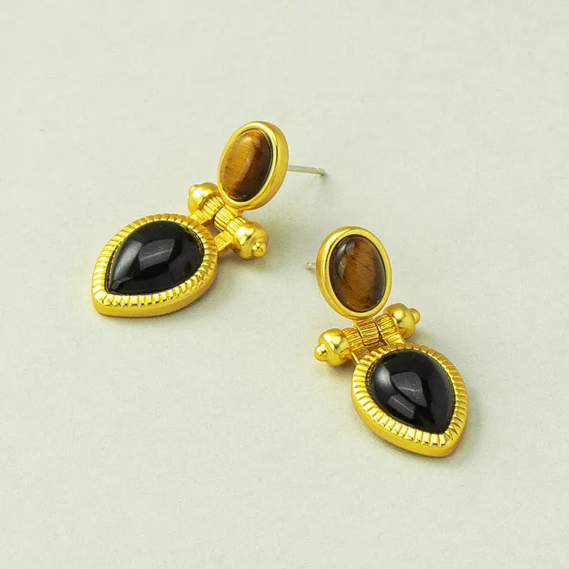 Vintage Natural Tiger's Eye and Black Agate Double Inlaid Earrings Shinepurity