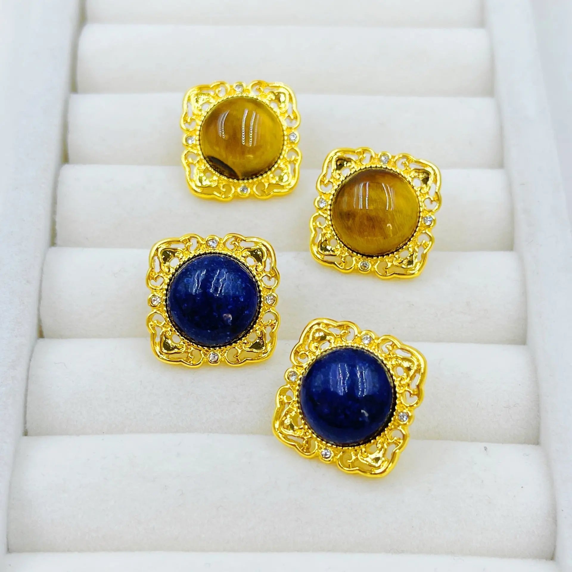 Vintage Simple Set Natural Tiger Eye and Lapis Lazuli Earrings Shinepurity