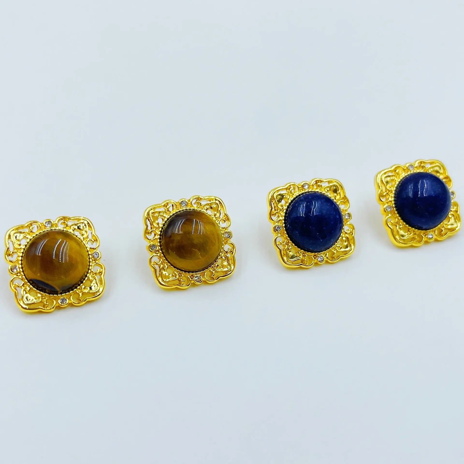 Vintage Simple Set Natural Tiger Eye and Lapis Lazuli Earrings Shinepurity