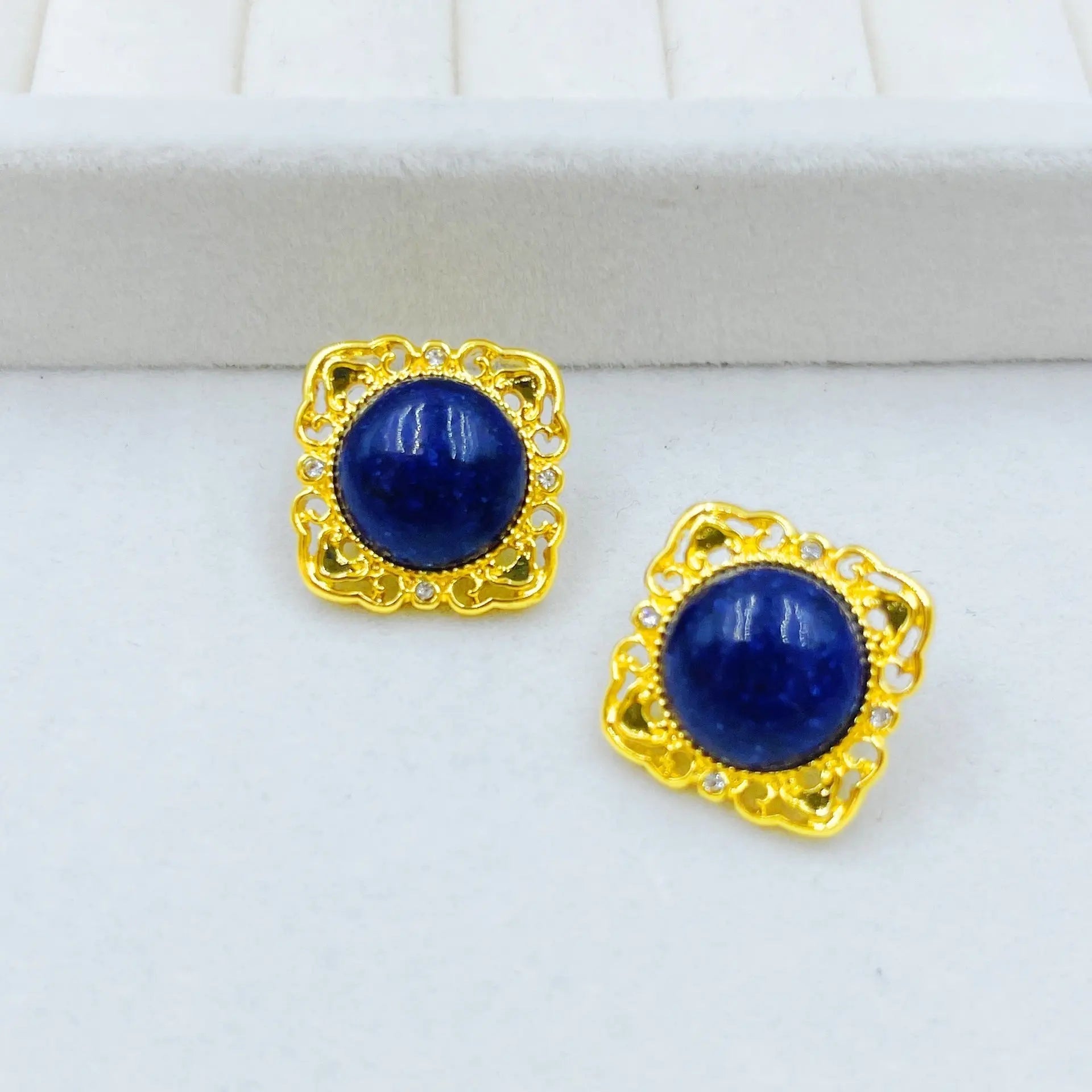 Vintage Simple Set Natural Tiger Eye and Lapis Lazuli Earrings Shinepurity