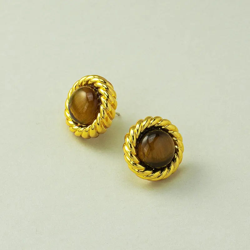Vintage Spiral Pattern Inlaid Natural Tiger's Eye Ear Studs Shinepurity